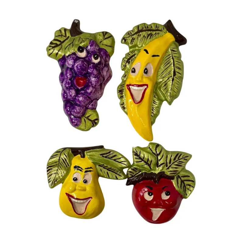Chalkware Anthropomorphic Fruit Wall Hangings Grapes Banana Apple Pear Vintage Kitsch *READ*