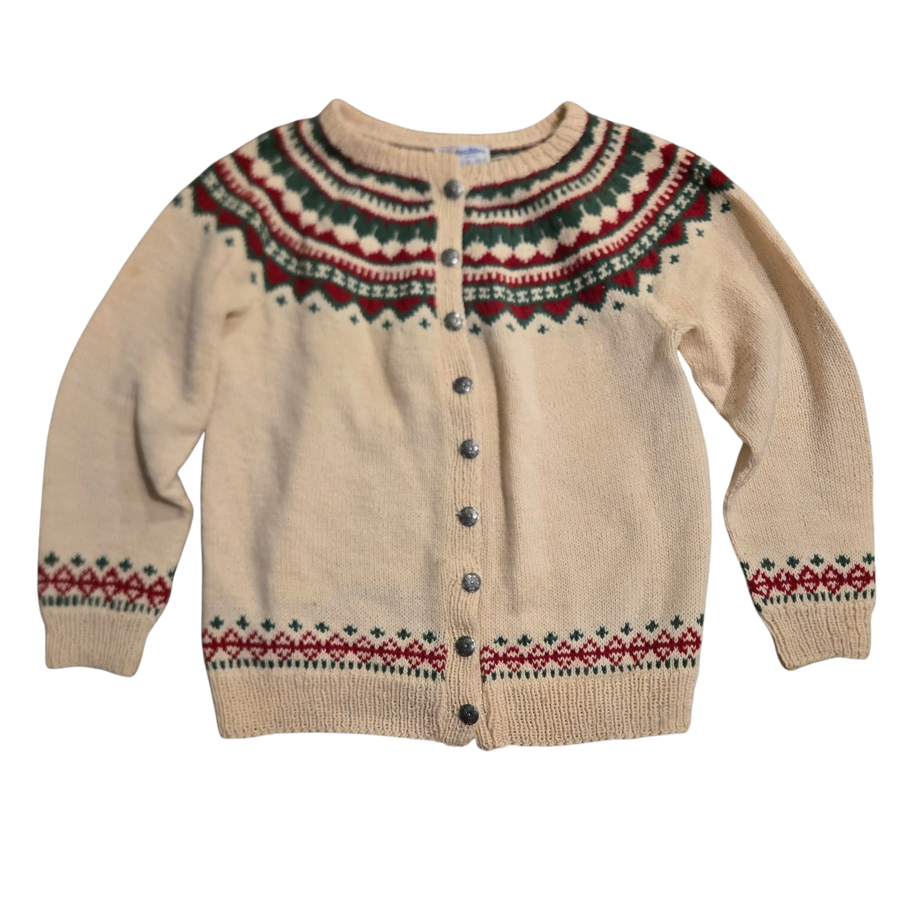 Vtg Husfliden Cardigan Women's Small Wool Sweater Hand Knit Norway Fair Isle Red