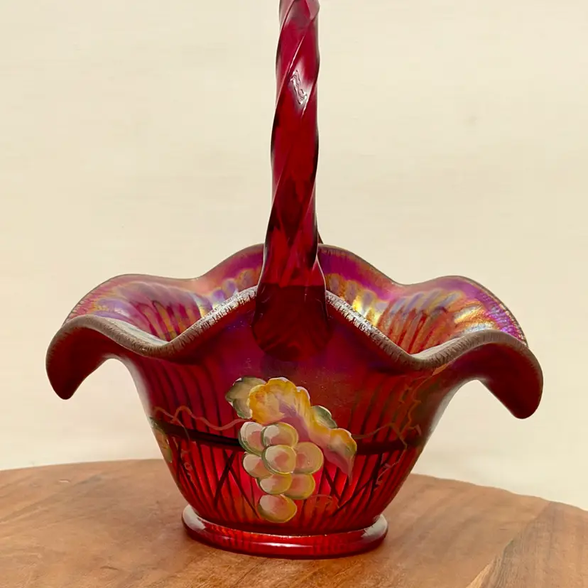 Fenton Hand Painted Red Carnival Glass Basket