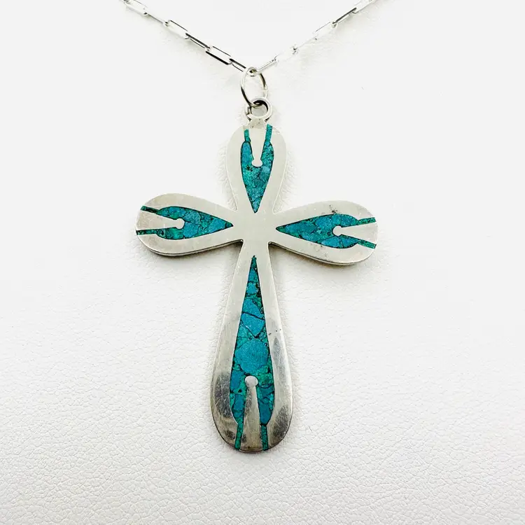 Sterling Silver Native-style Southwest Cross with Inlay of crushed Turquoise on Paperclip Chain