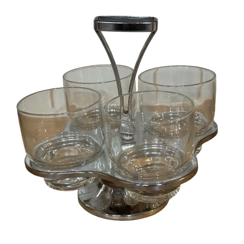 Mid-century low-ball glasses with chrome carrier- set of 4