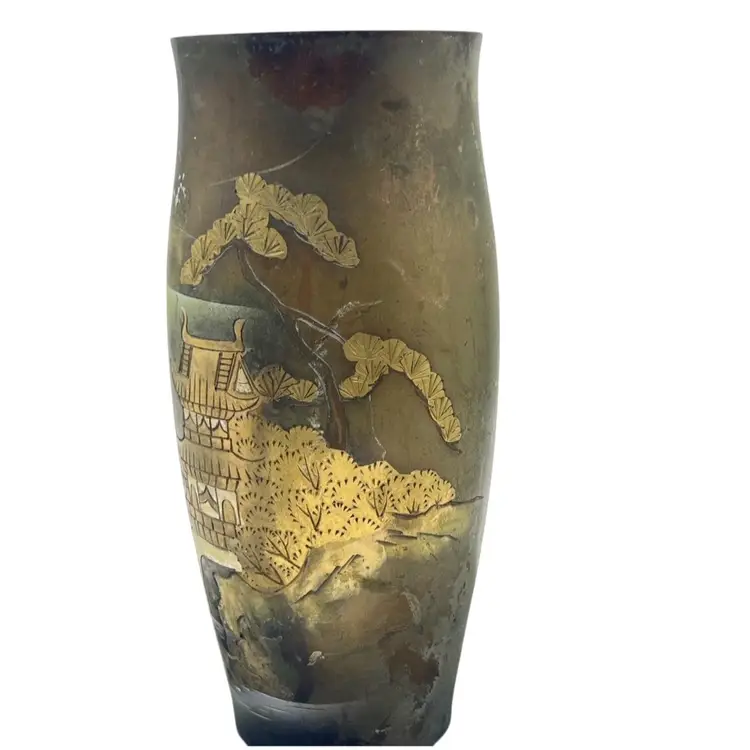 Vintage Black Brass Etched Vase Japan