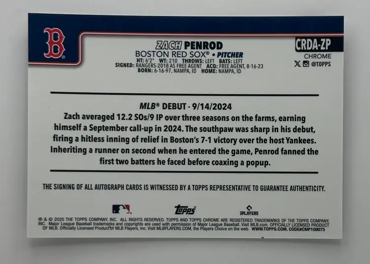 Zach Penrod Topps Chrome Autograph Red Sox RC