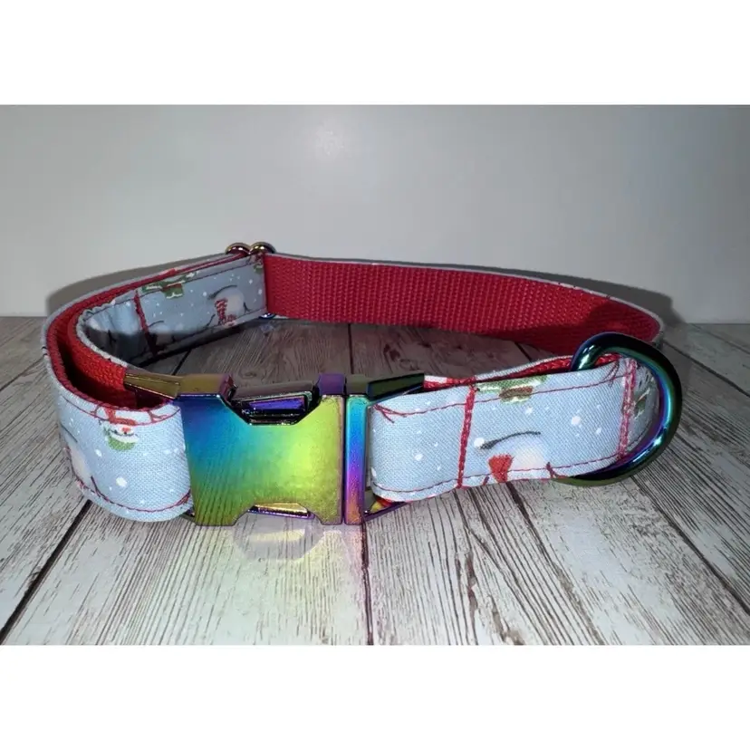Dog Collar Red Christmas Snowman Large Handmade Heavy Duty W/ Metal Buckle NEW