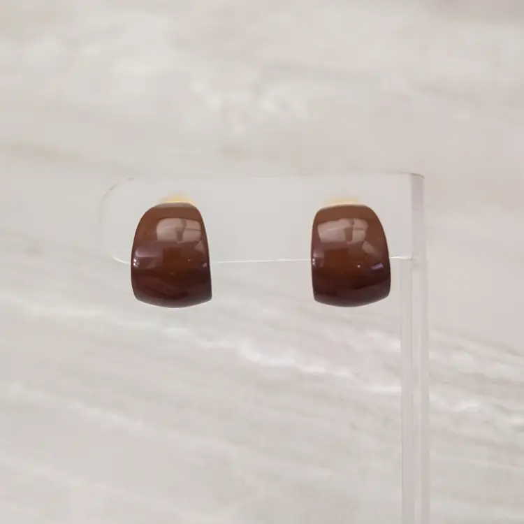 Vintage Clip On Earrings Retro Chunky Hoops 0.75" Rich Brown - Small Paint Chips