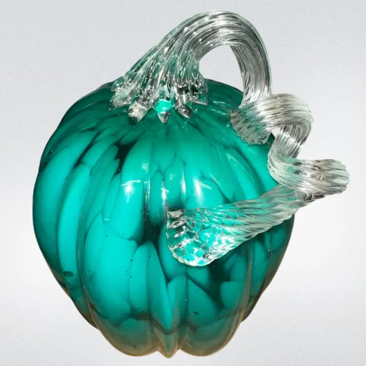 Teal Blue Opal Handblown Glass Pumpkin Fall Decor Autumn Applied Curly Stem