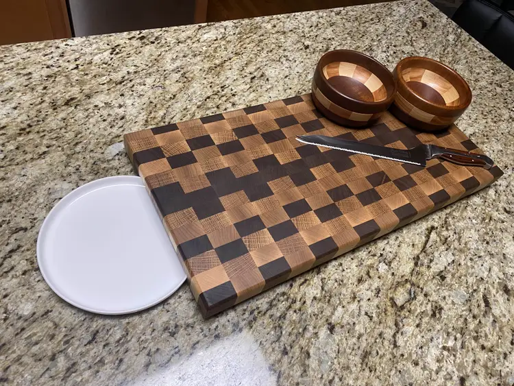 Walnut, Maple & White Oak End-Grain Cutting Board with Integrated Plate-Slide Handles
