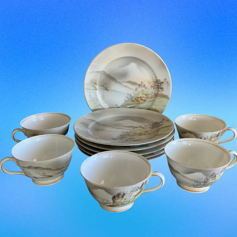 Occupied Japan Hand Painted Mt. Fuji Moriage Teacups & Salad Plates 11 Piece Lot