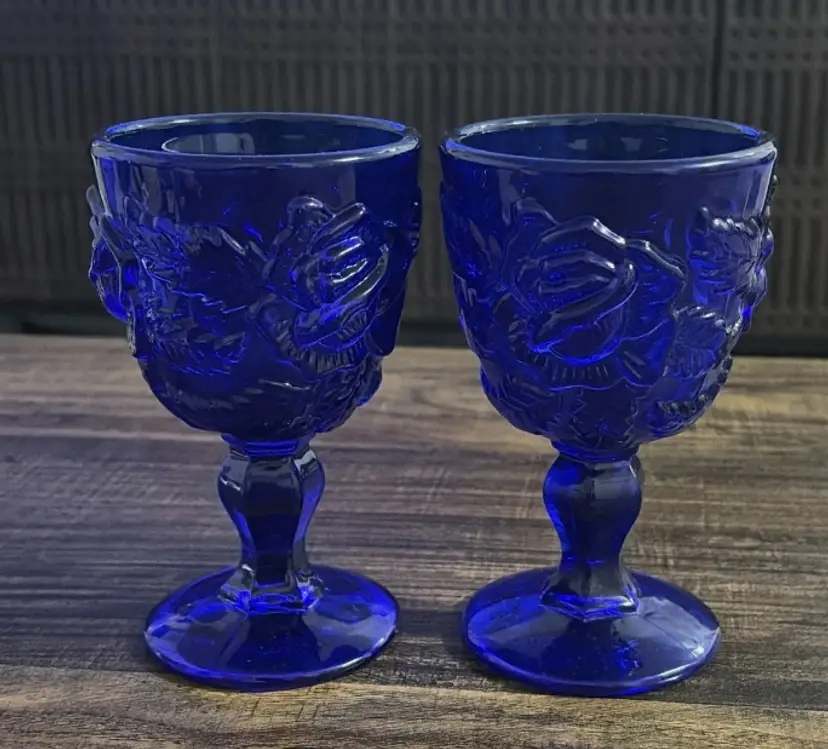 Madonna Inn Cobalt Blue Wild Rose 5” Wine Glass Goblets Set of 2