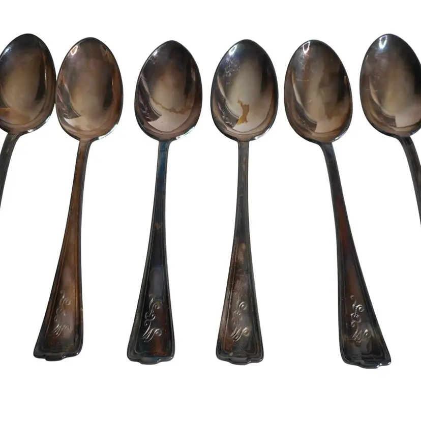 6 c1919 1847 Rogers Bros XS Triple Cromwell Pattern Dessert spoons Silver Plate Patina Flatware cutlery
