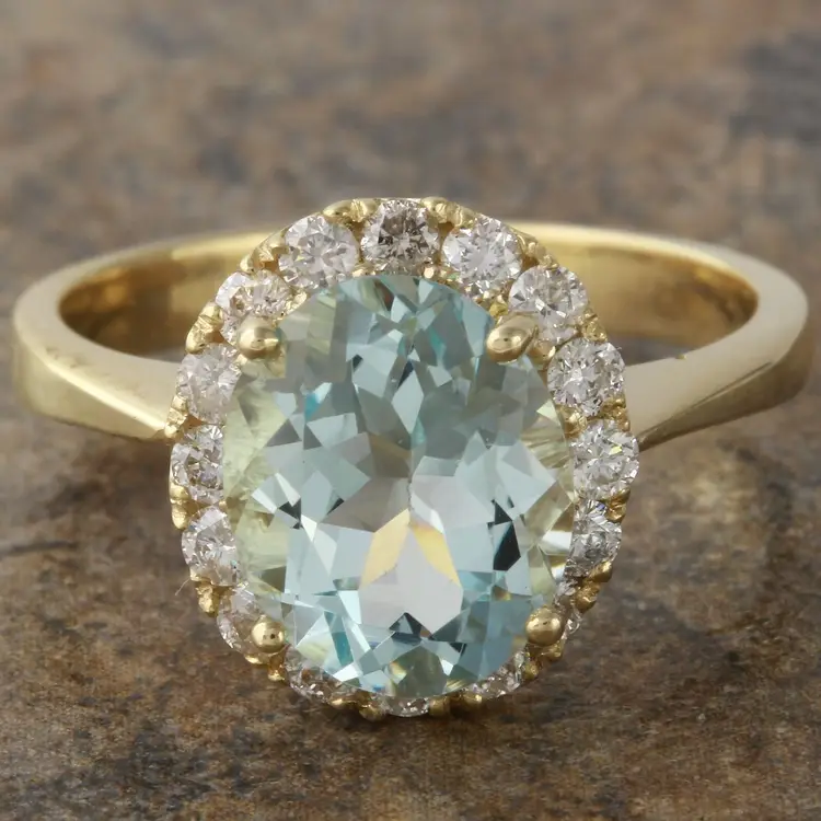  2.75Ct Natural Aquamarine and Diamond 14K Solid Yellow Gold Ring