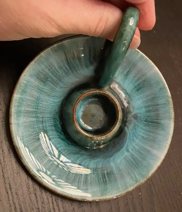 2 Blue Mountain Pottery Candlestick Holders Blue Glaze with finger holds