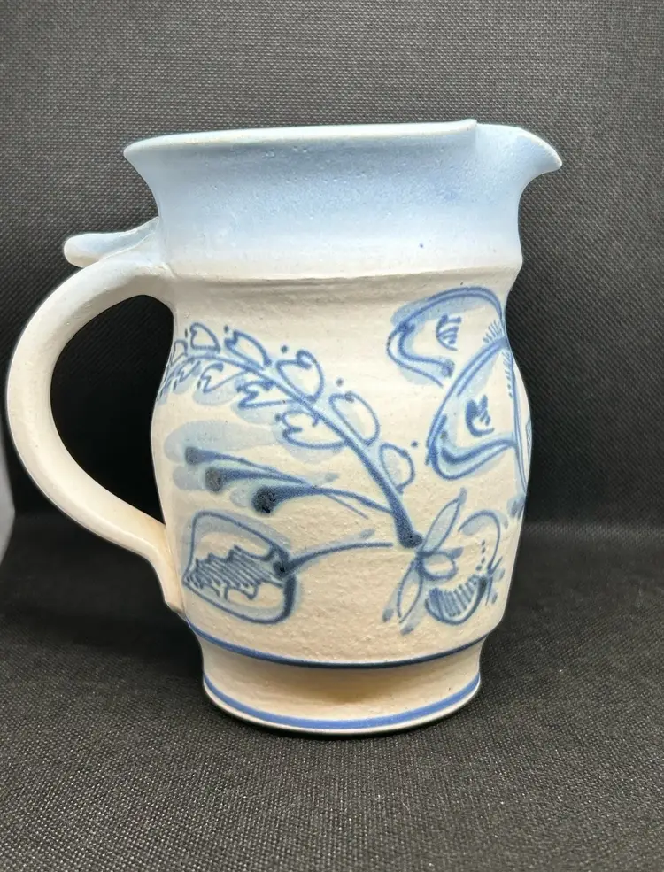 Art Pottery Stoneware Pitcher Eggshell & Blue Floral Design Signed DAVIS