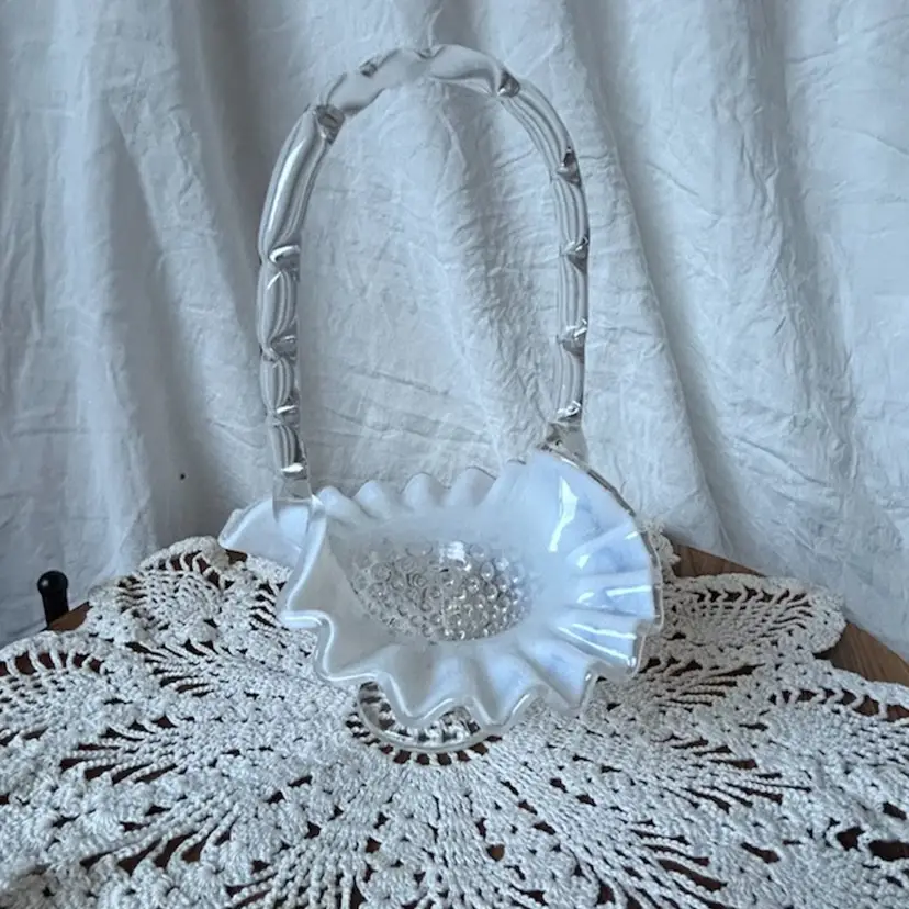 Vintage Fenton French White Opalescent Hobnail Basket Ruffled Edge 7” Tall