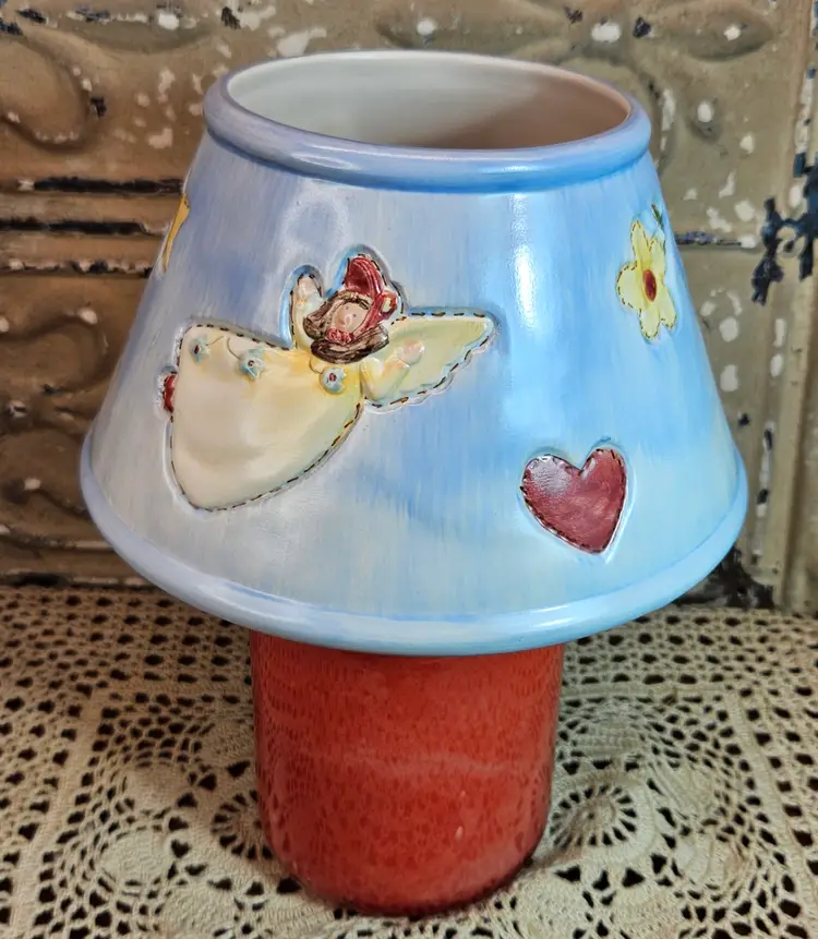 Adorable Large Candle Shade Jar Topper Angels Quilted Style Light Blue (read)