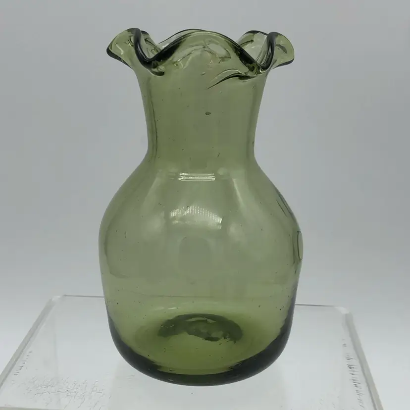 Avocado Green Handblown Ruffled Edge Vase 6"H