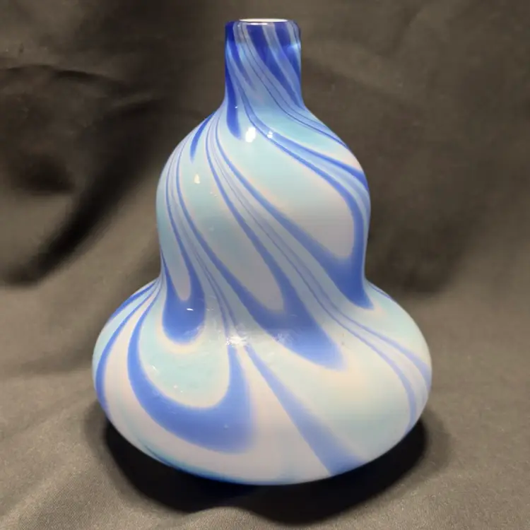 #1604 Handblown Glass Gourd Single Bud Vase  Swirling Blues Art Glass