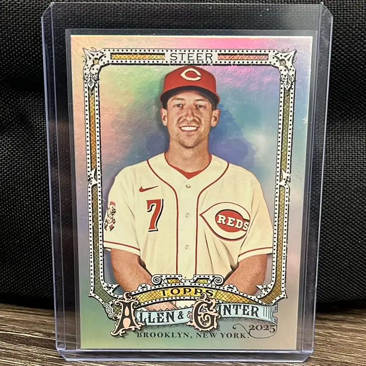 2025 Topps Allen & Ginter “Foil Filagree” parallel of Spencer Steer from the Cincinnati Red