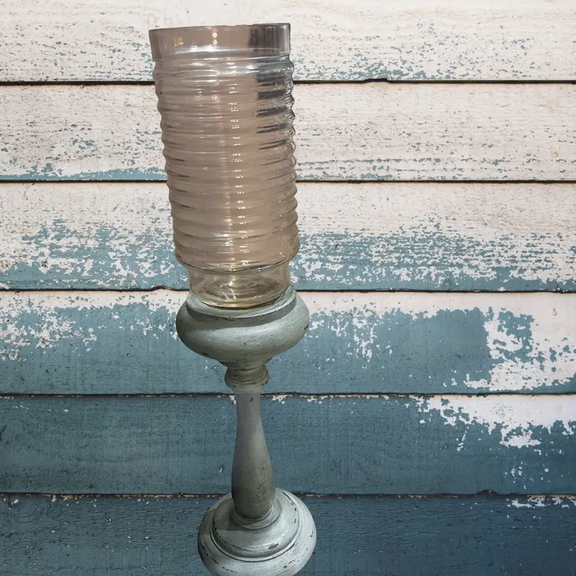 Made By Me Vintage Chippy Wood Green Farmhouse Cottagecore Tealight Candle Holder 14”