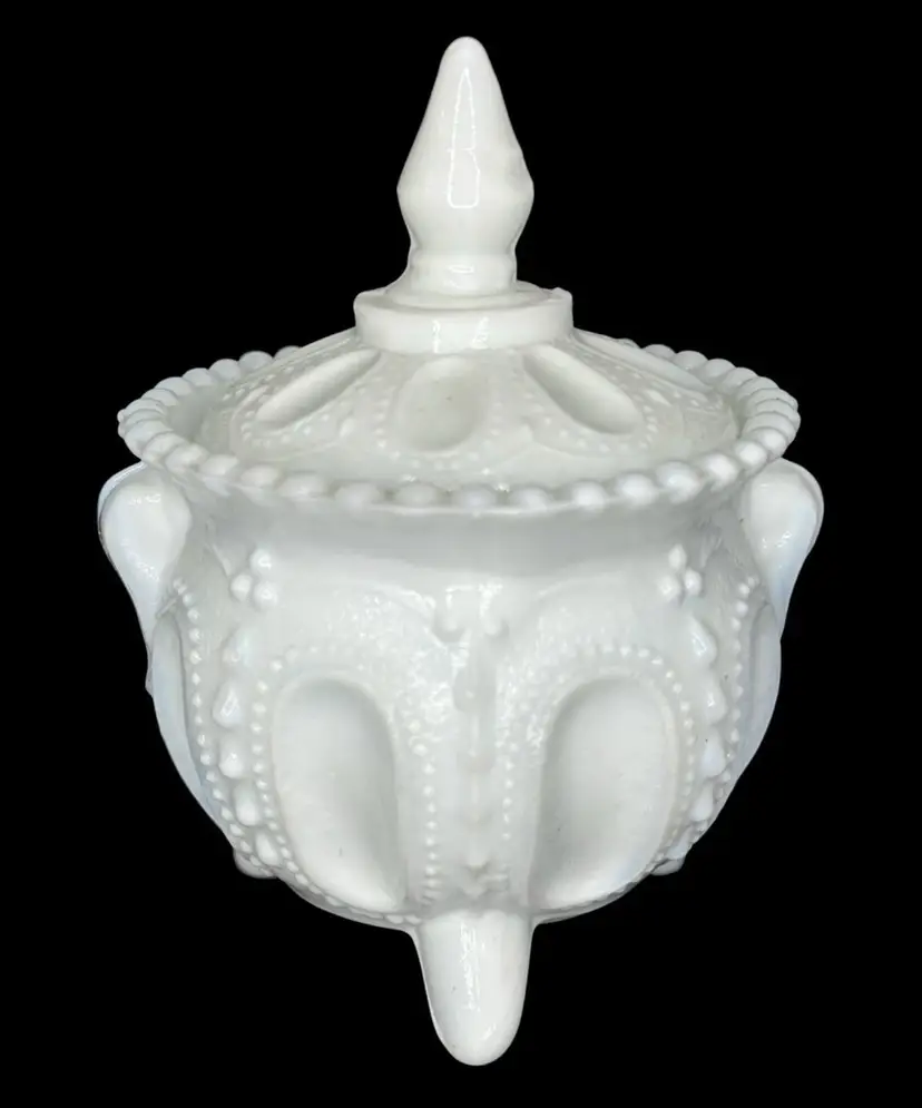 EAPG US Glass Wisconsin Beaded Dewdrop Milk Glass Lid Individual Sugar Jar