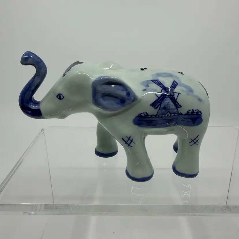 Delft Porcelain Elephant- Windmill on one side, floral motif on reverse side