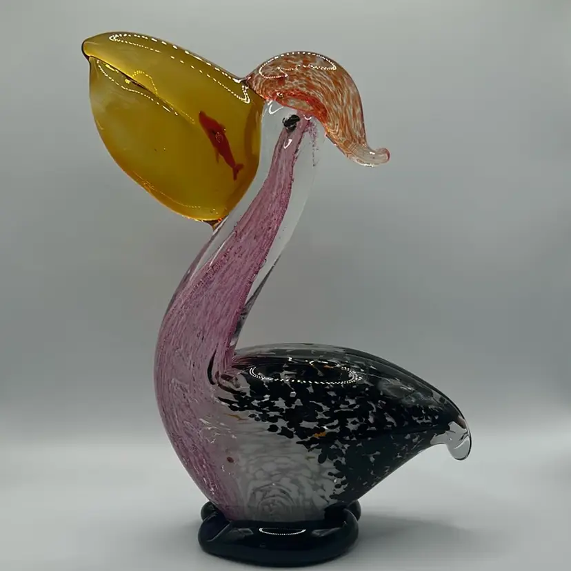 Art Glass Pelican With Fish Paperweight