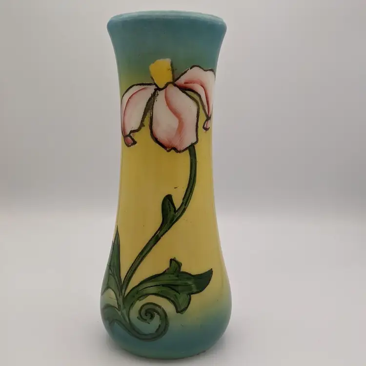 Antique Westmoreland Glass Co Milk Opal Glass Hand Painted Pink Flower Vase 1910
