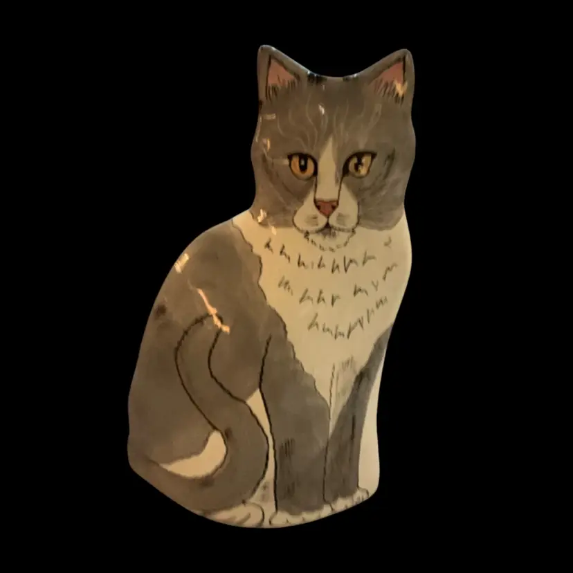 Nina Lyman Gray And White Tuxedo Cat Vase 11.25”x 8”