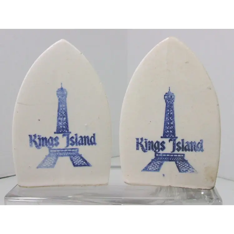 Vintage King Island Park Ceramic Iron Shaped 4" Salt & Pepper Shakers White/Blue w/Stoppers