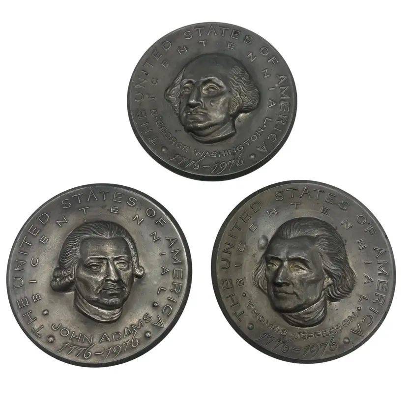1976 Empire Silver Pewter Wall Plaque Set George Washington John Adams Jefferson USA Bicentennial Fred Press 5” Medallions