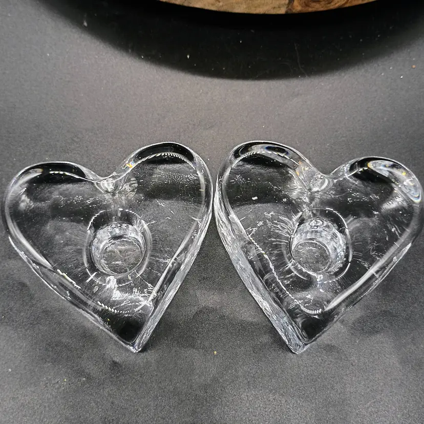 Blenko Glass Set of 2 Clear Hearts Taper Candle Holders.