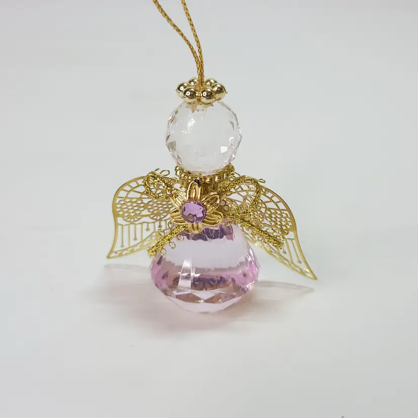 Pink Crystal Ball Angel Christmas Ornament Gold Wings Halo Small Angelic