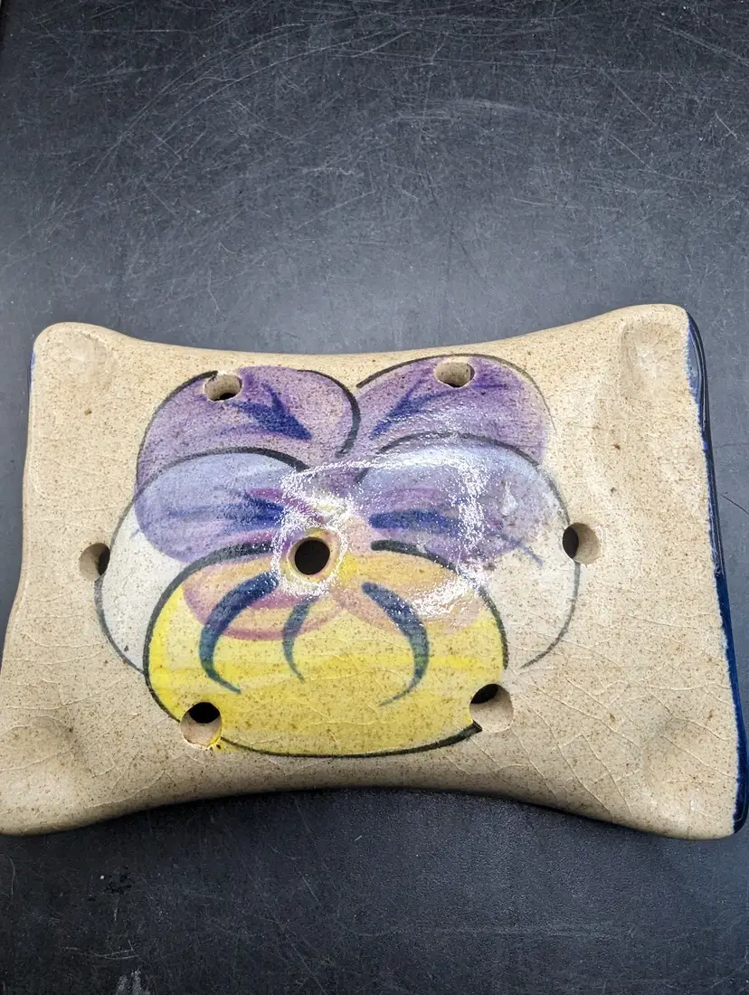 T B Pots Walpole Maine Art Pottery Pansy Pillow Flower Frog Hand Painted