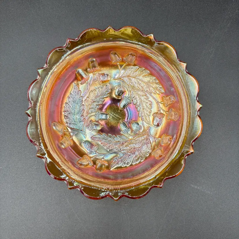 Fenton Acorn Marigold Carnival Glass 6.5" Ruffled Bracket-Edge Bowl