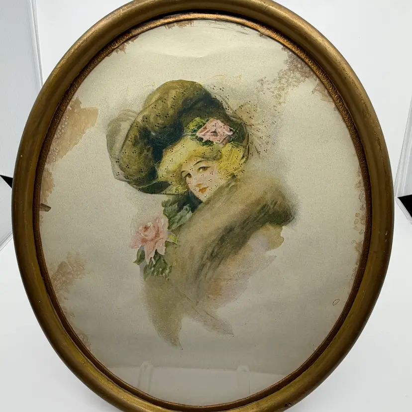 Vintage Oval Gold Gilt Frame Lady Portriat Veiled Hat & Florals 12.5”