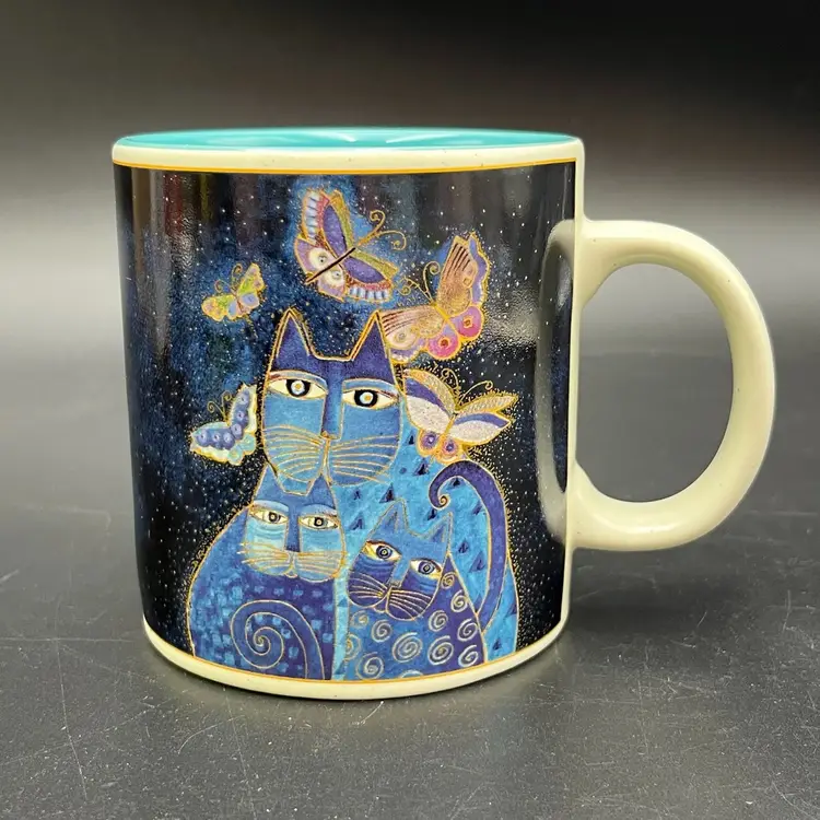 Laurel Burch Blue Cats & Butterflies Coffee Mug Vintage 2004 Wine Things Sonoma