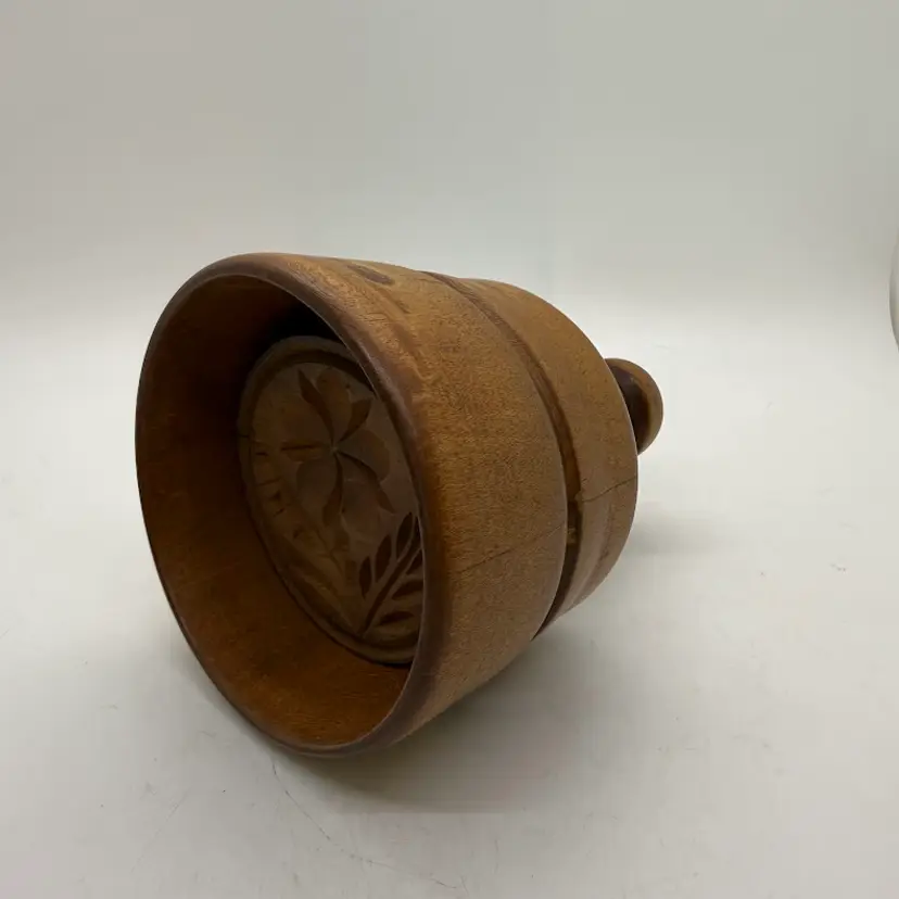 Antique Primitive Wooden Butter Mold Stamp Press Flower Fern Petal Carved 3.75"