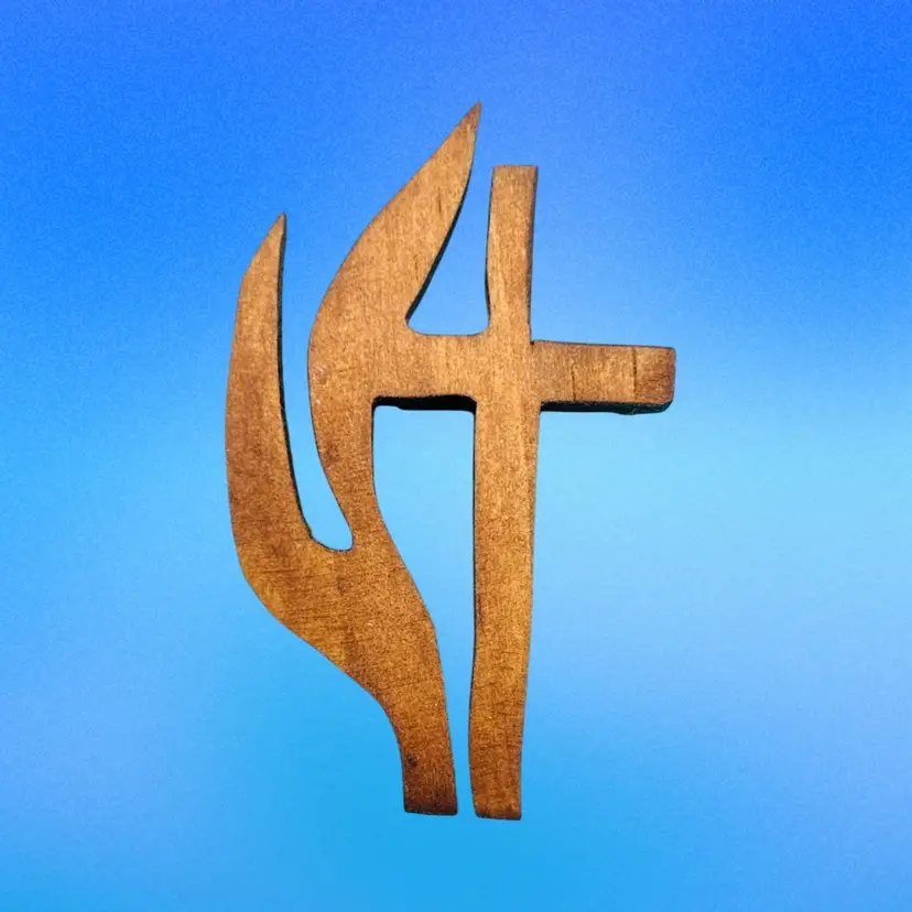 Vintage Wooden United Methodist Cross & Flame Pin