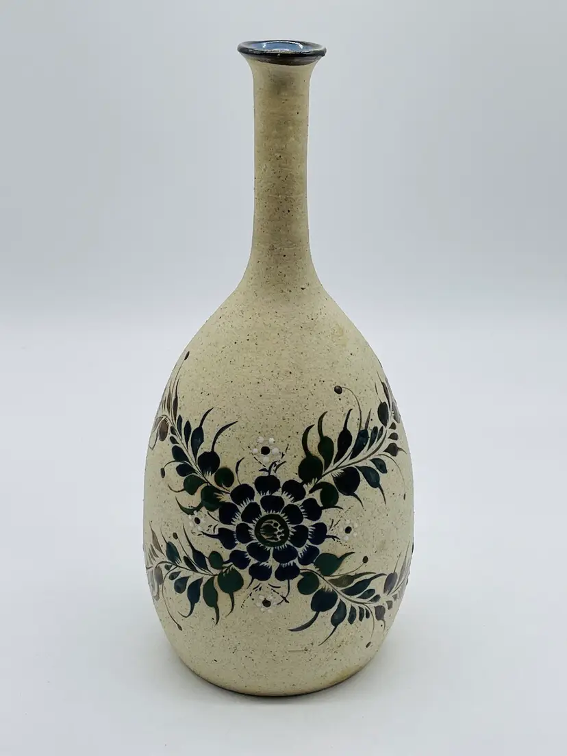 Long Neck Tonala Mexican Pottery Hand Painted Floral Vase