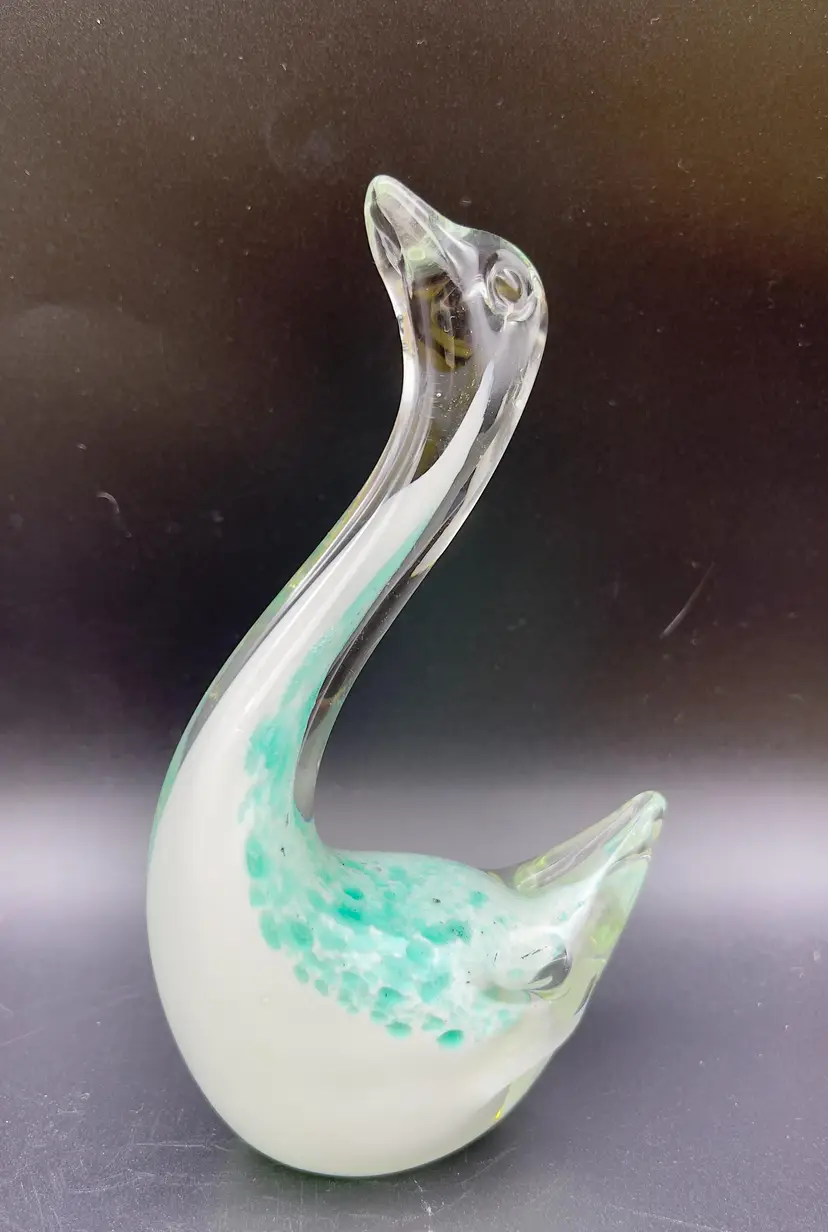 Vintage white with teal speckles cased glass swan.