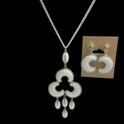 15.  Vintage Goldtone Crown Trifari Crescent Moons White Lucite Dangling Statement Necklace. With Matching Clip On Earrings. With 18’ White Enamel Chain. Very Beautiful & Unique Set