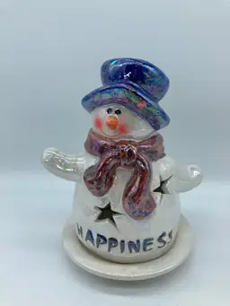 Iridescent Glazed Ceramic Snowman, 'Happiness'