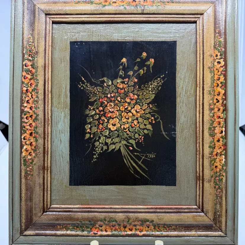 Vintage Hand-Painted Floral Frame And Artwork “Aqua” Artist Signed1988