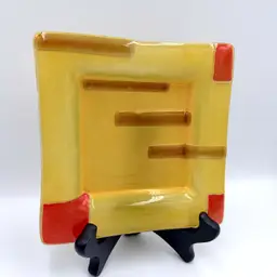 Fused Art Glass Trinket Ring Dish Yellow Red Geometric 5-3/4” Square Home Decor
