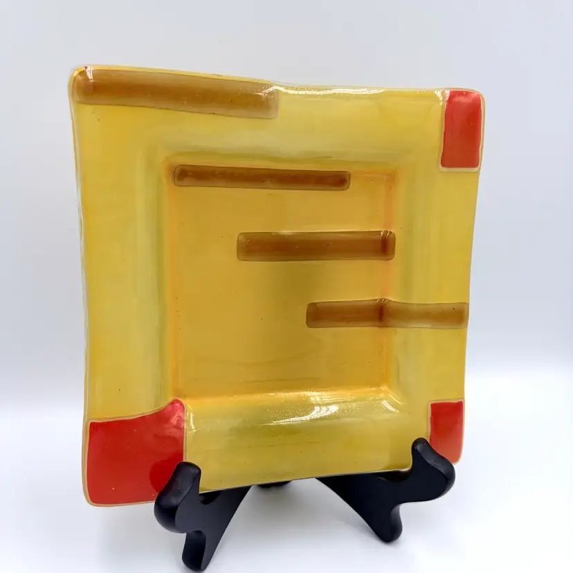Fused Art Glass Trinket Ring Dish Yellow Red Geometric 5-3/4” Square Home Decor
