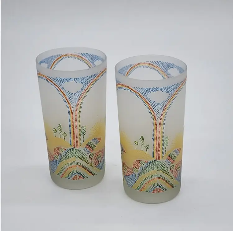 Set of 2 Vintage Cera Glass Frosted Rainbow Hill Tumblers