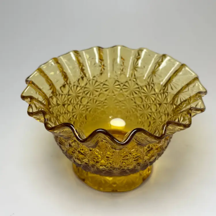 Vintage LE Smith Daisy & Button Yellow Amber Glass Bowl Ruffled Crimped Rim