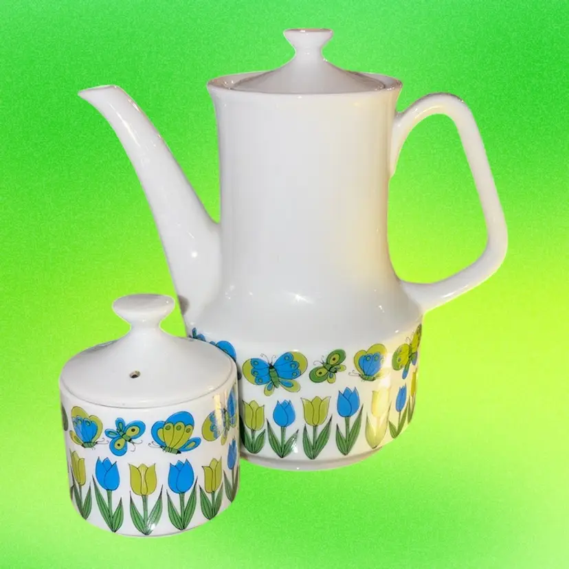 Enesco Japan Teapot Sugar Bowl Set 1960s Butterflies Tulips