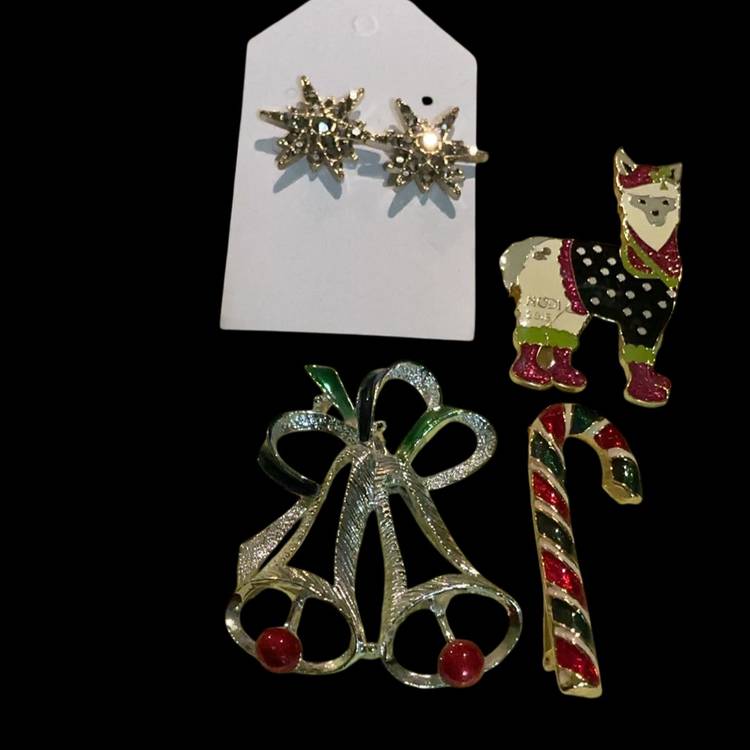 Set Of Four Vintage Christmas / Holiday Brooches & Pierced Earrings. Goldtone Star Pierced Earrings. Silvertone Bell Brooch With Green And Red Enamel Signed Gerry’s. Goldtone Holiday Llama Pin / Brooch ( Cute Little Guy) . Goldtone Green& Red Enamel Stripe Candycane.