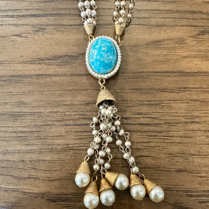 Vintage Faux Turquoise Pearl 3 Strand Tassel Necklace 22” long